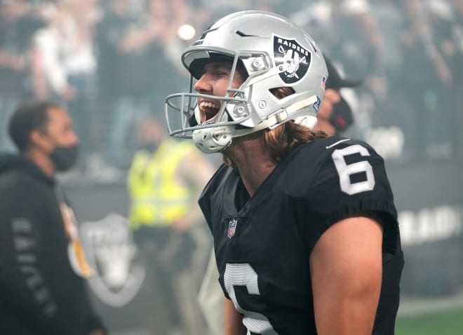 Former NC State punter A.J. Cole of the Las Vegas Raiders had eight punts for an average of 54.1 yards and a long of 83.
