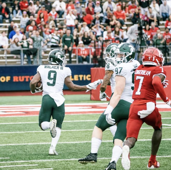 Kenneth Walker III (9) running for a 94-yard touchdown against Rutgers University on Saturday, October 9th. (MSU Athletics)