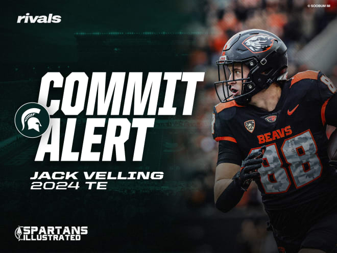 Oregon State transfer tight end Jack Velling commits to Michigan State. (Graphic by Ben Sonday, original image from Soobum Im)