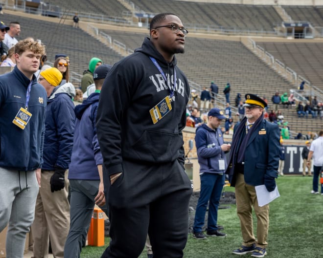 Guerby Lambert, here an observer during Notre Dame's April 20 Blue-Gold Game, is now on campus working to push his way up the depth chart at left offensive tackle.