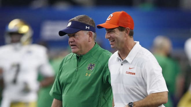 Notre Dame Fighting Irish football head coach Brian Kelly and Clemson Tigers football head coach Dabo Swinney