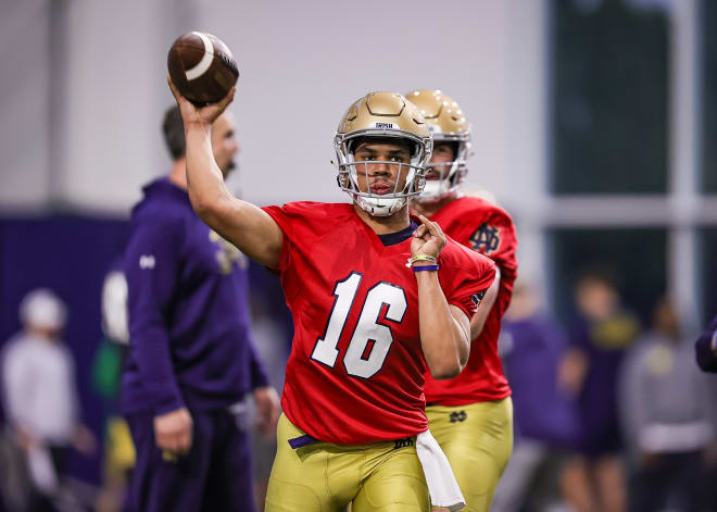 Walk-on "Devin from Louisiana" lets a pass rip during Wednesday's Notre Dame spring football practice.