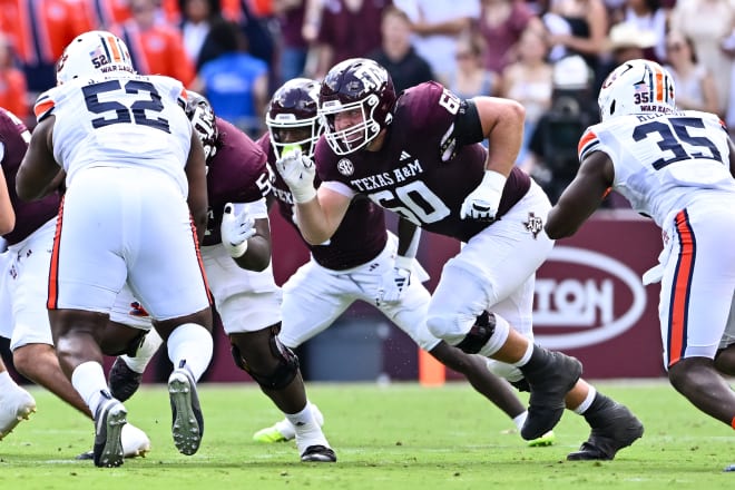 Texas A&M Aggies offensive lineman Bryce Foster (61) in action during the first quarter against the Auburn Tigers at Kyle Field. Photo | Maria Lysaker-USA TODAY Sports