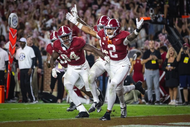 Alabama Crimson Tide defensive back Zabien Brown (2) and linebacker Que Robinson (34) celebrate after an interception against the Georgia Bulldogs in the fourth quarter at Bryant-Denny Stadium. Photo | Will McLelland-Imagn Images