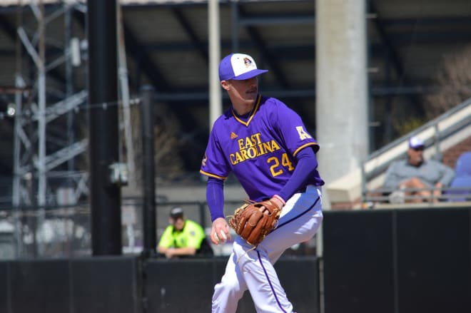 Trey Benton put in five innings of work in East Carolina's game one loss at UCF Friday night.
