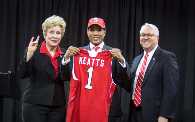 Director of athletics Debbie Yow and Chancellor Randy Woodson flank Keatts at NC State's introductory press conference Sunday afternoon at Reynolds Coliseum.