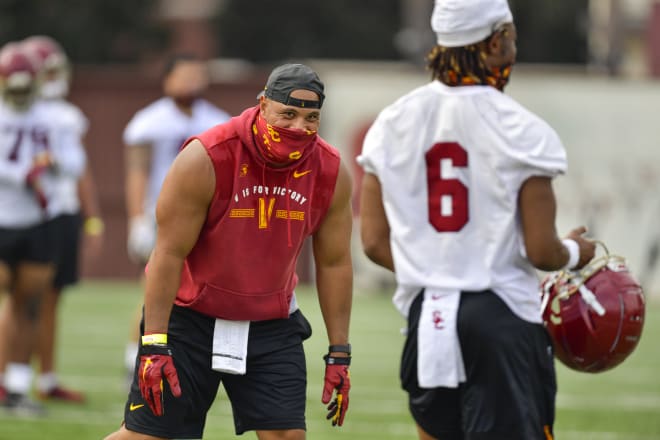 USC defensive line coach Vic So'oto at practice Saturday.