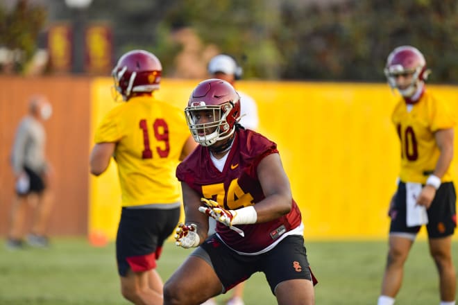 Courtland Ford, working here Friday, was highlighted by Clay Helton as one of the early standouts among the six new freshmen offensive linemen.