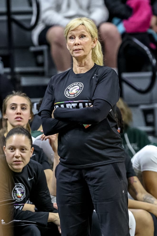 Michigan State head coach Suzy Merchant looks on as her team competes at the Breslin Center during a regular season game