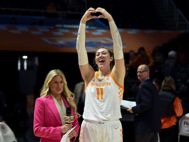Tennessee's Karoline Striplin (11) sends out love before her post game interview after an NCAA college basketball game against Eastern Kentucky University on Sunday, December 10, 2023 in Knoxville, Tenn.