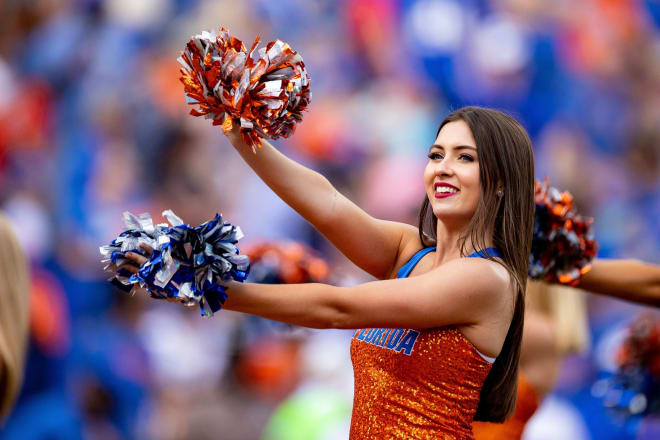 Florida Gators Dazzler cheers during a timeout during the third quarter against the Vanderbilt Commodores at Ben Hill Griffin Stadium in Gainesville, FL on Saturday, October 9, 2021. 