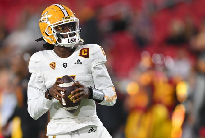 Oct 1, 2022; Los Angeles, California, USA; Arizona State Sun Devils quarterback Emory Jones (5) warms up before a game against the USC Trojans at United Airlines Field at the Los Angeles Memorial Coliseum. 