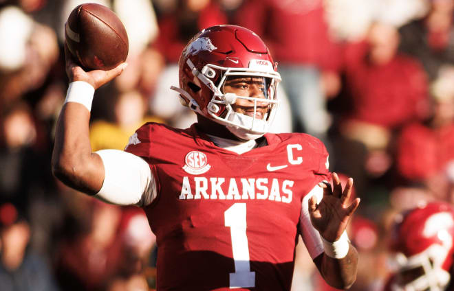 Arkansas QB KJ Jefferson drops back to pass during his final game as a Razorback on Nov. 24 against Missouri.