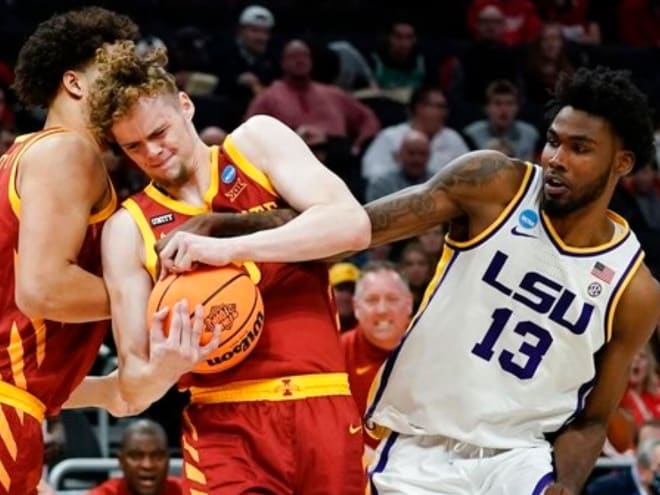 Jaz Kunc fights for a loose ball underneath during Iowa State's win over LSU.