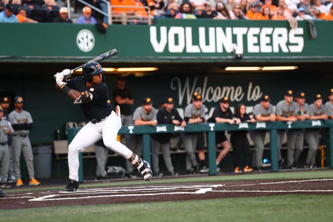 Tennessee baseball INF Christian Moore (1) during an at-bat against Missouri on April 25, 2024.