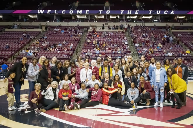 A large group of FSU women's basketball players returned for a reunion and celebration of Sue Semrau.