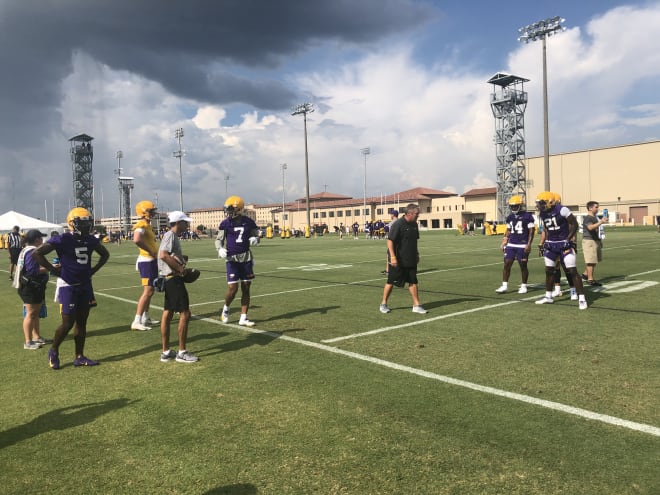 LSU all-American safety Grant Delpit leads a defensive backs drill on the first day of preseason practice