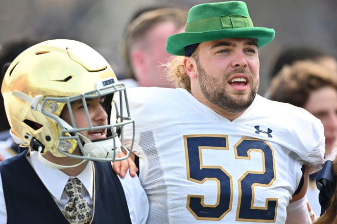 Notre Dame linebacker Bo Bauer (right) gets his freak on after the Blue-Gold Game, Saturday at Notre Dame Stadium.