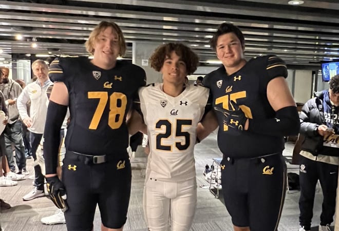 2024 OL recruit Mark Schroller (right) recently made the trek to Berkeley with a pair of Mission Viejo High School teammates, Treyvon Tolmaire (middle) and Daxton Christman-Gourley.