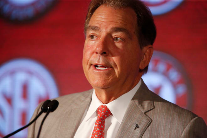 Alabama Head Coach Nick Saban addresses the assembled media in the Hyatt Regency at SEC Media Days in Hoover, Ala. Photo | USA Today