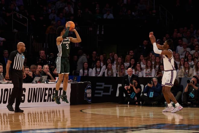 Michigan State's Jaden Akins shoots a 3-pointer versus Kansas State (Greg Sabin/Spartans Illustrated)