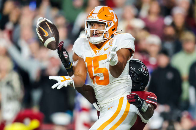 Tennessee wide receiver Bru McCoy hauls in a tipped pass for a touchdown against South Carolina on Nov. 19, 2022. 