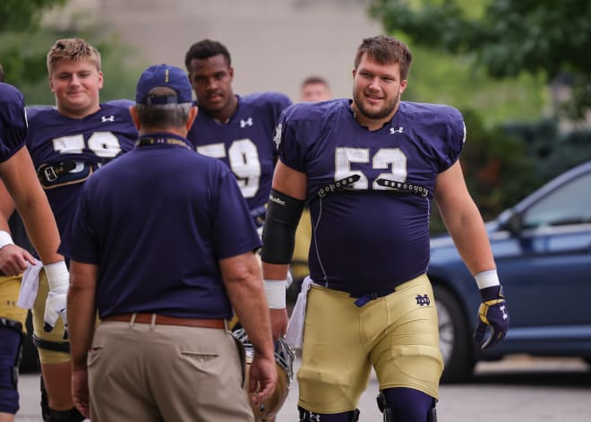 Center Zeke Correll (52) has recovered from an ankle injury and is expected to start for Notre Dame in its season opener on Saturday.