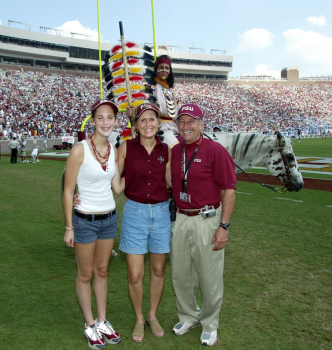 Earlier in his 45-year Florida State career, Bernie Waxman poses for a photo with his wife, Lisa, and daughter, Gabrielle. All three are Florida State graduates.