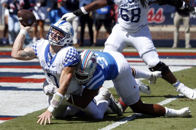 Kentucky quarterback Will Levis was sacked for a safety during Saturday's loss to Ole Miss.
