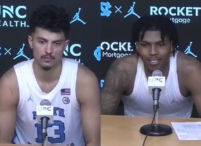 Dawson Garia and Caleb Love discuss the Tar Heels' victory over Elon on Saturday night at the Smith Center.