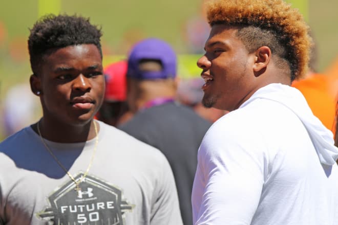 (From L to R): Four-star Clemson linebacker commit Mike Jones Jr. of Bradenton (Fla.) IMG Academy is shown here with new Tiger 5-star line commit Xavier Thomas Saturday in Death Valley.