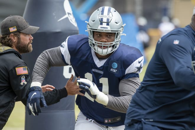 Micah Parsons, shown here earlier in Dallas Cowboys camp, recovered a fumble during his first preseason game in the NFL on Thursday night opposite the Pittsburgh Steelers in Canton. AP photo
