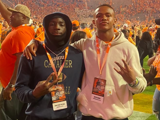 2024 four-star Burlington (N.C) wide receiver Jonathan Paylor (left) and 2024 five-star Charlotte (N.C.) quarterback Jadyn Davis on a visit to Tennessee on Oct. 15.