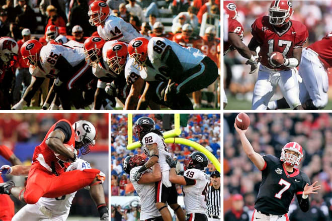 Clockwise from top left: Black pants for the first time in the 1998 Outback Bowl; in tribute to Pat Watson, white pants versus LSU in 1999; black jerseys for the first time against Auburn in 2007; an entire alternate uniform for Florida in 2009; a Nike Pro Combat look for the 2011 Chick-fil-A Kickoff Game.