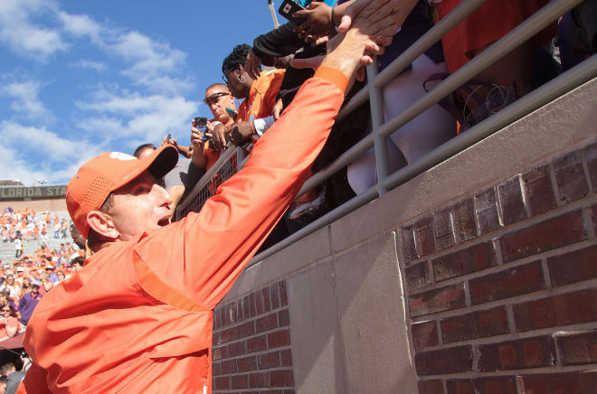 Dabo Swinney's No. 2-ranked Tigers remain a double-digit favorite over Notre Dame.
