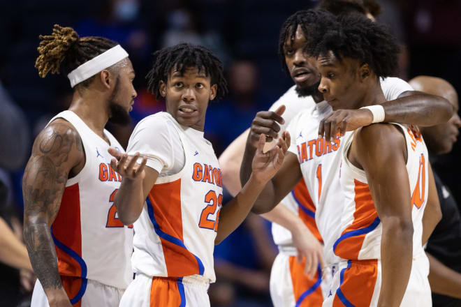 Nov 18, 2021; Gainesville, Florida, USA; Florida Gators guard Tyree Appleby (22) reacts to a call during the first half against the Milwaukee Panthers at Billy Donovan Court at Exactech Arena. Mandatory Credit: Matt Pendleton-USA TODAY Sports