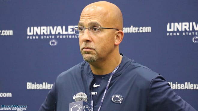 Penn State coach James Franklin listens to a question during a media availability on Sept. 8, 2021. BWI photo/Ryan Snyder