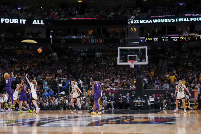LSU's Jasmine Carson (No. 2) hits a deep fadeaway 3-pointer just before the halftime horn in the Lady Tigers' eventual 102-85 victory in the NCAA women's national championship game Sunday in Dallas' American Airlines Center. Carson finished with 22 points, including 5 of 6 3's.