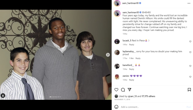 Sam Hartman (left) and brother Joe (right) pose with their late adopted brother, Demitri Allison, in this tribute to Demitri on Sam's Instagram page. 