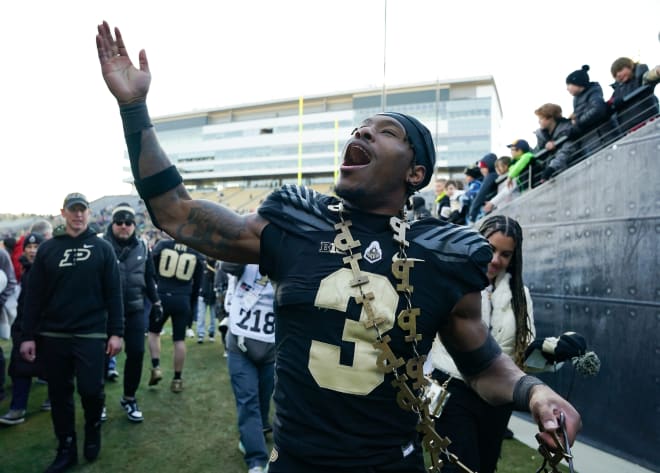 Nov 25, 2023; West Lafayette, Indiana, USA; Purdue Boilermakers running back Tyrone Tracy Jr. (3) celebrates after the game at Ross-Ade Stadium. Mandatory Credit: Robert Goddin-USA TODAY Sports