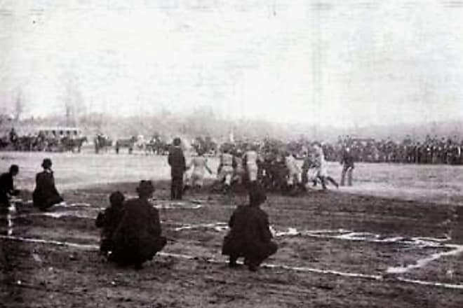A photo of what is believed to be the first Georgia-Auburn game played in 1892 at Atlanta's Piedmont Park.