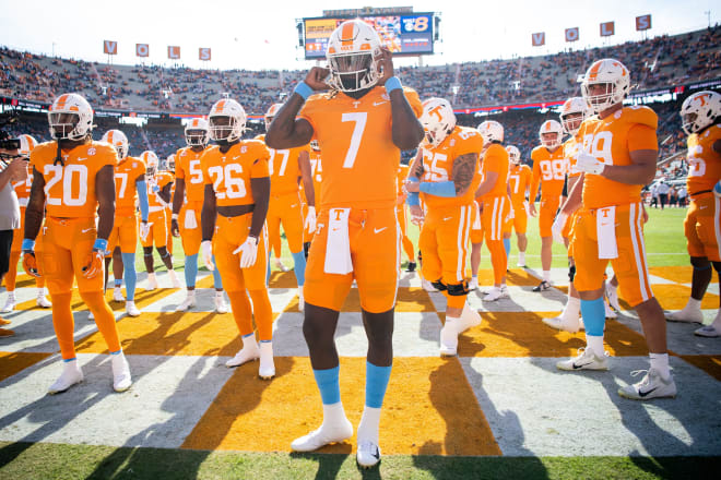 Tennessee quarterback Joe Milton III (7) before Tennessee's Homecoming game against UT-Martin at Neyland Stadium in Knoxville, Tenn., on Saturday, Oct. 22, 2022.