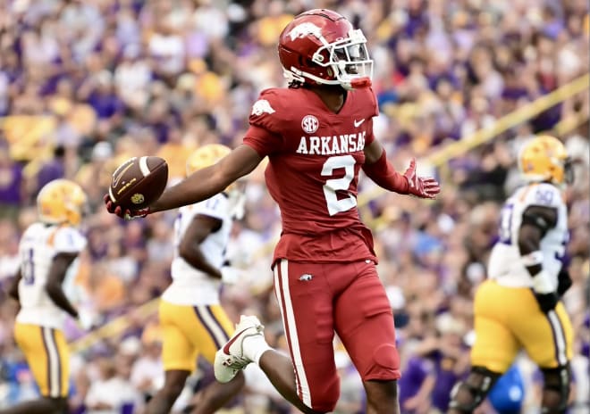 Arkansas CB Dwight McGlothern celebrates an interception during Saturday's game at LSU.