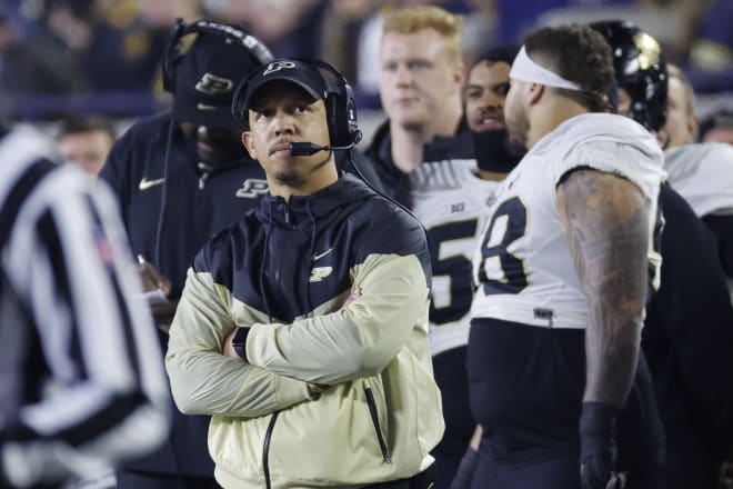 Nov 4, 2023; Ann Arbor, Michigan, USA; Purdue Boilermakers head coach Ryan Walters on the sideline in the second half against the Michigan Wolverines at Michigan Stadium. Mandatory Credit: Rick Osentoski-USA TODAY Sports