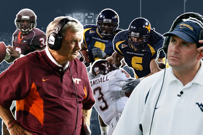 From left: Virginia Tech quarterback Bryan Randall and head coach Frank Beamer, West Virginia running back Quincy Wilson, linebacker Grant Wiley and head coach Rich Rodriguez.