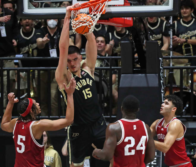 Purdue Boilermakers center Zach Edey (15) dunks the ball during the NCAA men s basketball game against the Indiana Hoosiers, Saturday, Feb. 10, 2024, at Mackey Arena in West Lafayette, Ind.