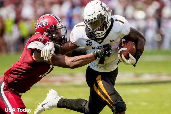 Tyler Badie and the Missouri running backs combined to rush for 289 yards against South Carolina. 