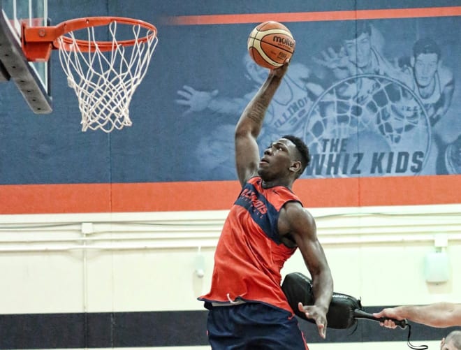Freshman center Kofi Cockburn goes up for a dunk during a practice at the Ubben Basketball Complex.