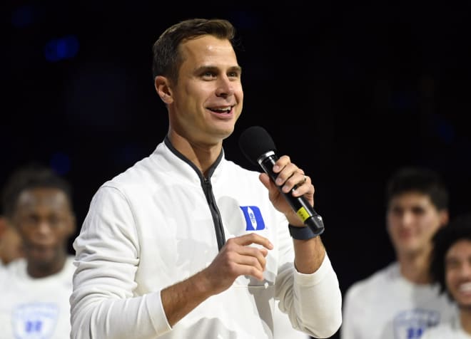 Jon Scheyer talks to the crowd during Duke's Countdown to Craziness on Friday night. 