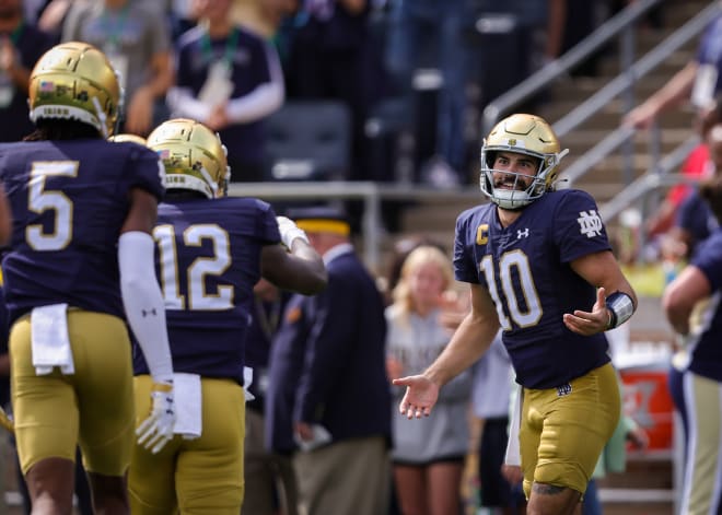 Notre Dame QB Sam Hartman threw for 330 yards and three TDs Saturday against Central Michigan.